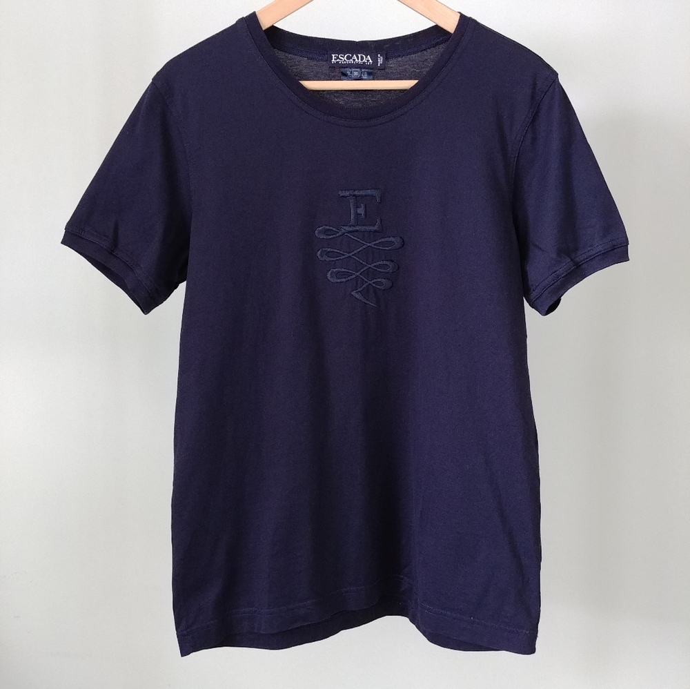 ESCADA Embroidered Dark Blue Cotton T-shirt Size Small Crewneck Top